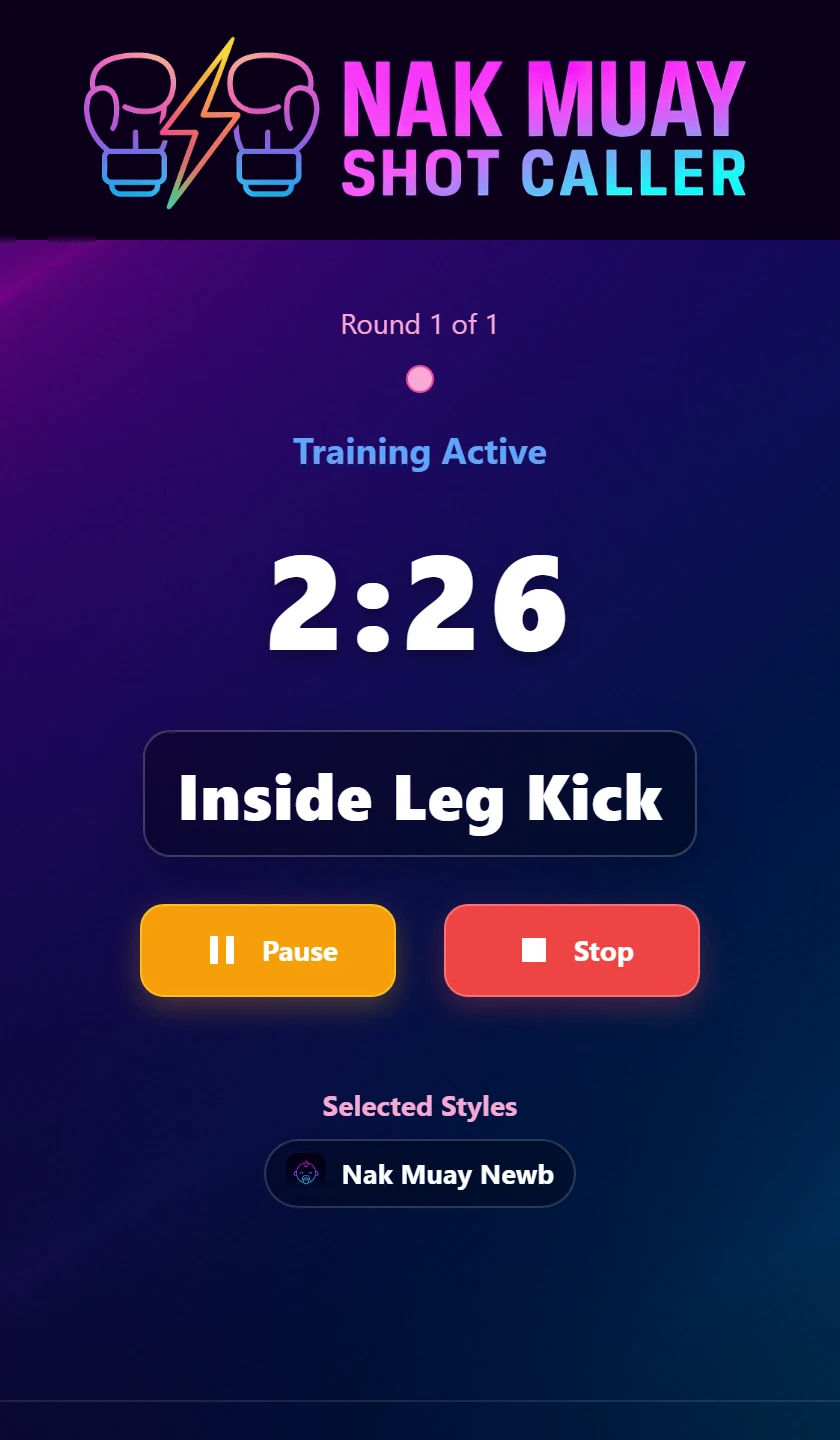 A live round in Shot Caller Nak Muay: Round 1 of 5, a 2:52 round clock, and the technique Low Kick called on screen above Pause and Stop.