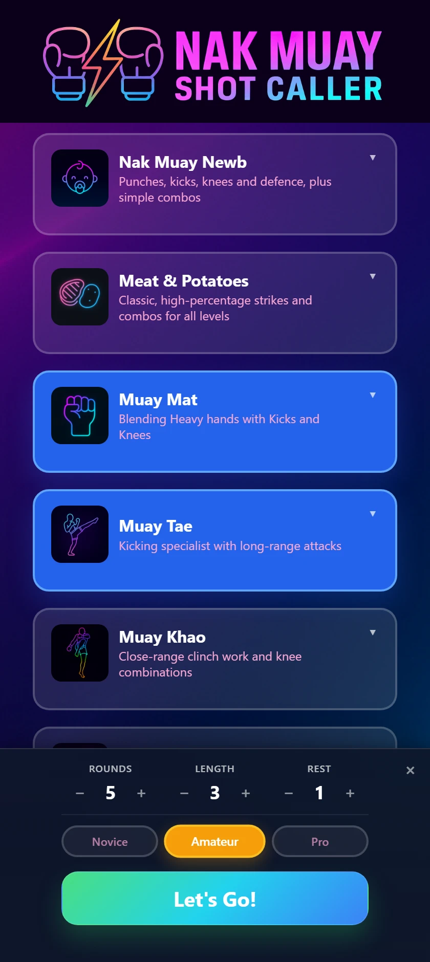 The style selection screen with Muay Mat and Muay Tae selected, above a bar setting rounds, length, rest and difficulty.