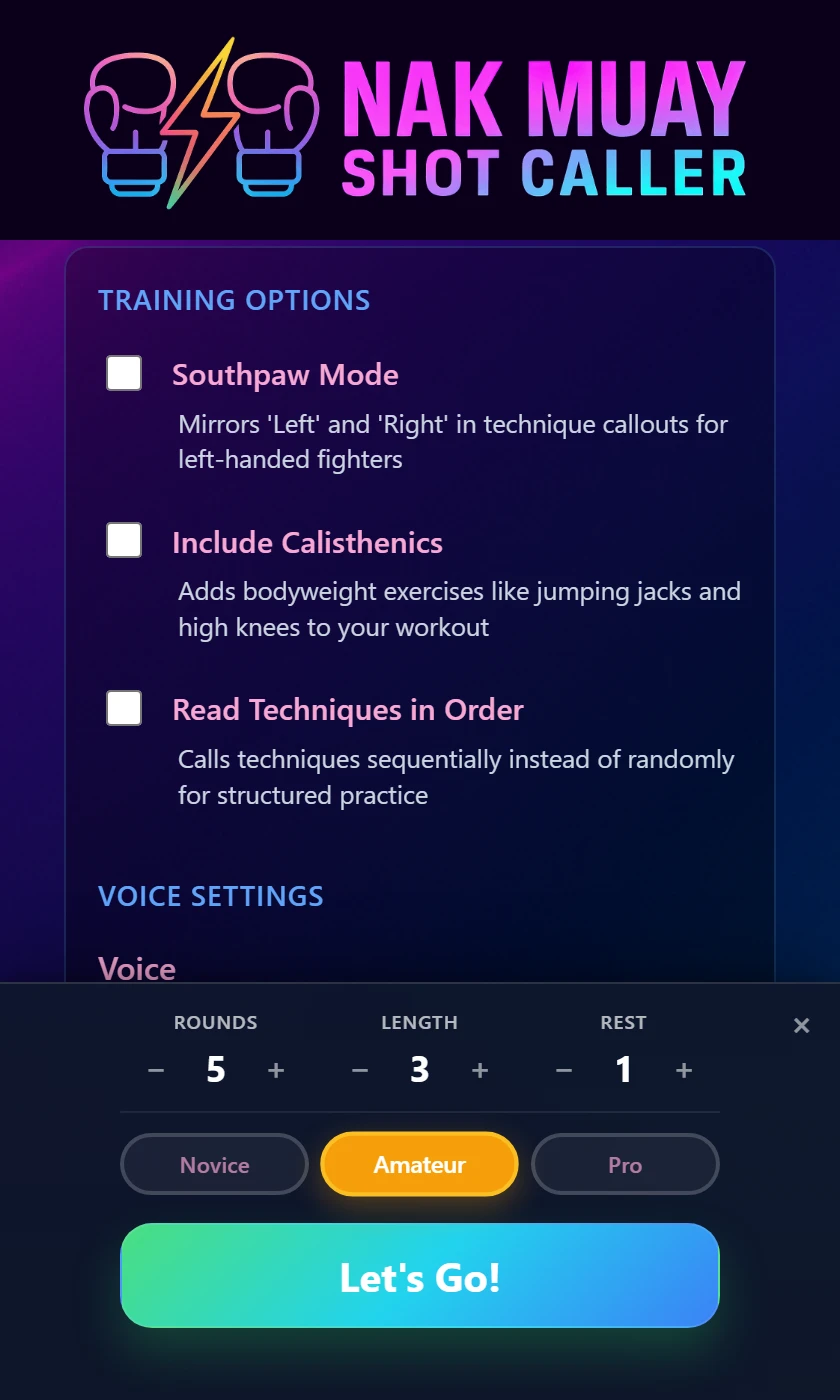 Advanced Settings in Shot Caller Nak Muay showing Training Options: Southpaw Mode, Include Calisthenics and Read Techniques in Order, above the rounds, length and rest controls.