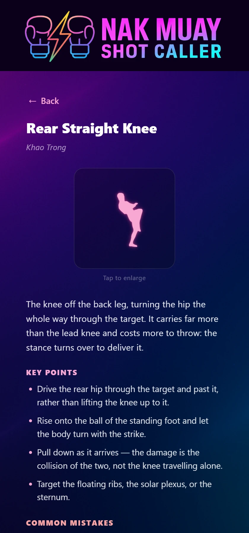 The Straight Knee lesson page, showing the technique figure above its written description.