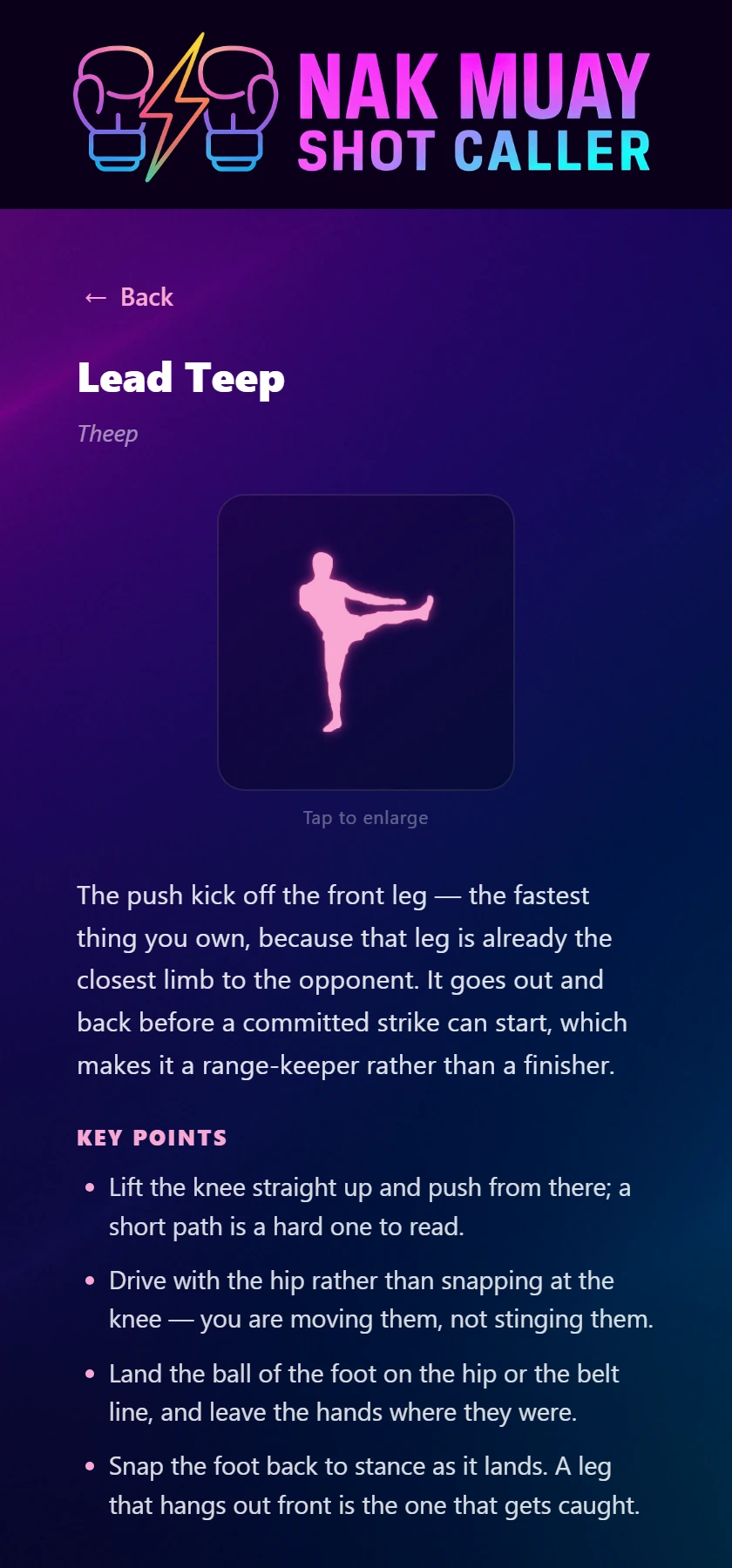 The Lead Teep lesson page, showing the technique figure held at extension above the written description and key points.