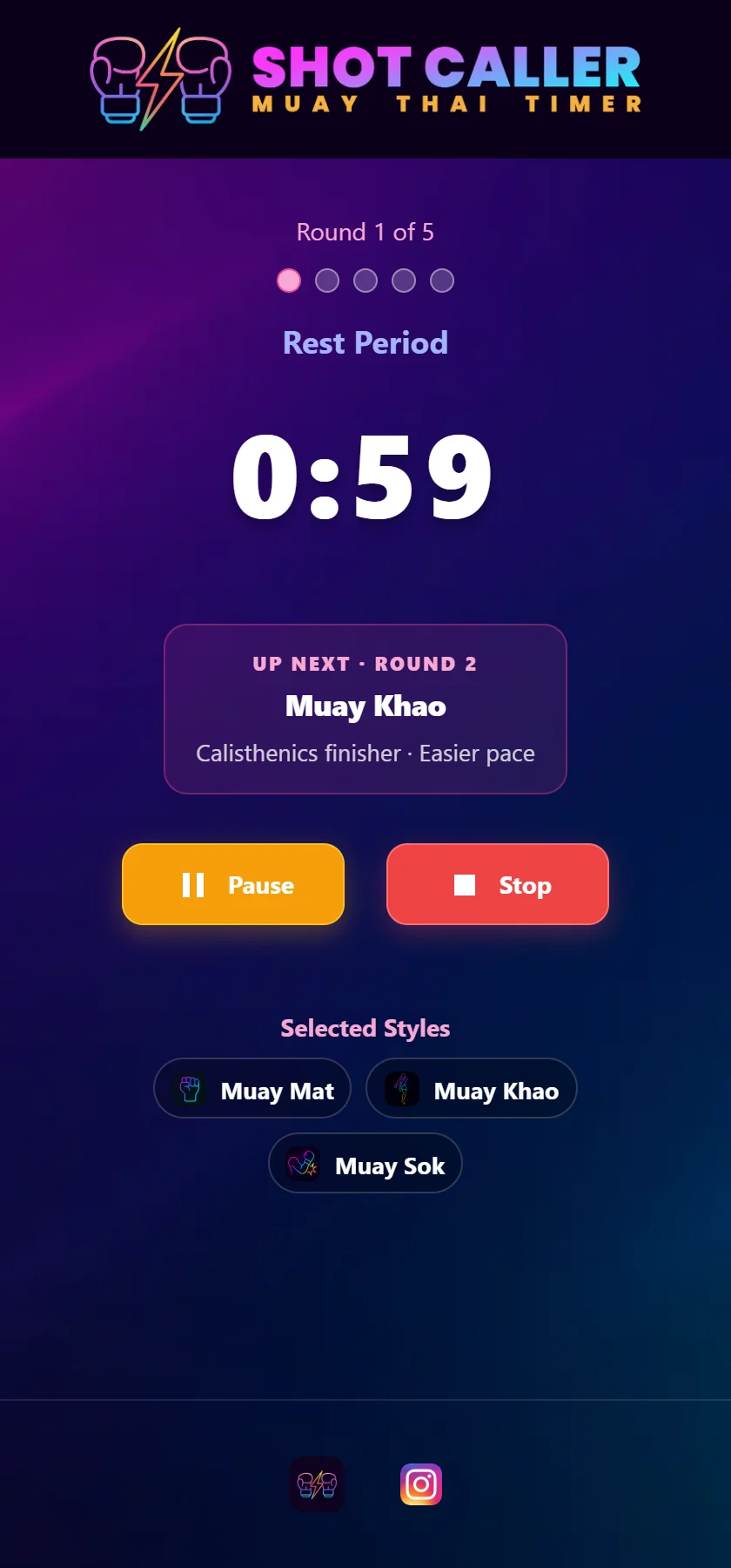 The rest screen after round 1 of 5, with 59 seconds of rest remaining. A card reads Up next, Round 2, Muay Khao, Calisthenics finisher, Easier pace, above the Pause and Stop buttons and the three selected styles.