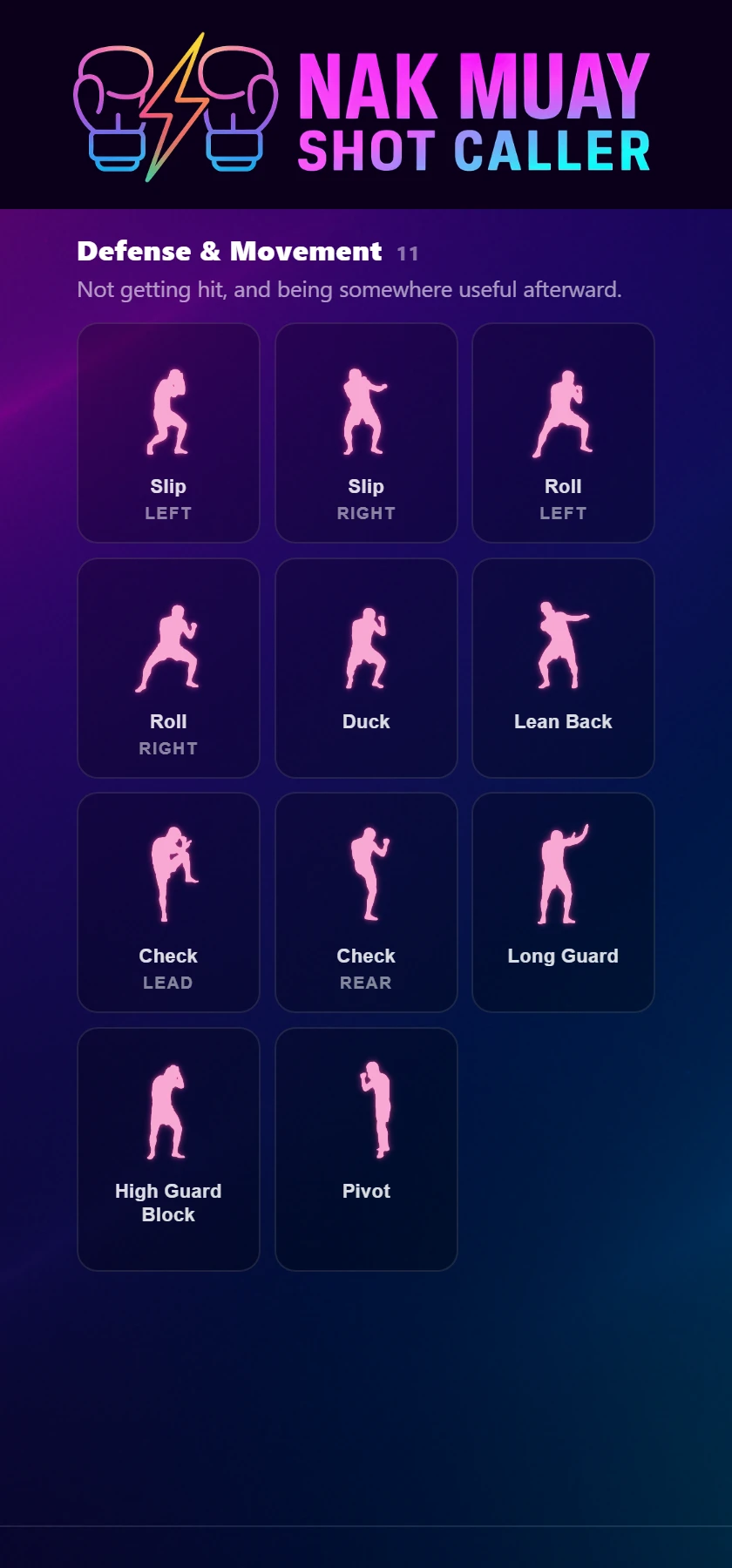 The Defense and Movement shelf: eleven technique figures including slips, rolls, checks, guards, duck, lean back and pivot.